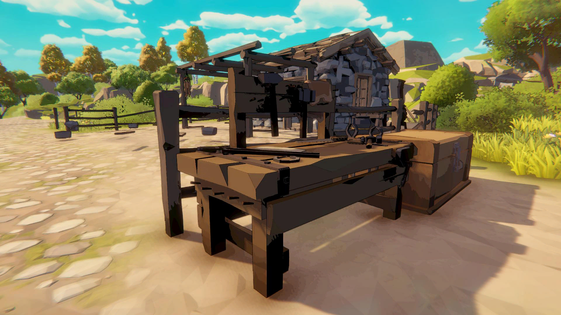 The Fell & Sell Construction Workbench outside the starter shop