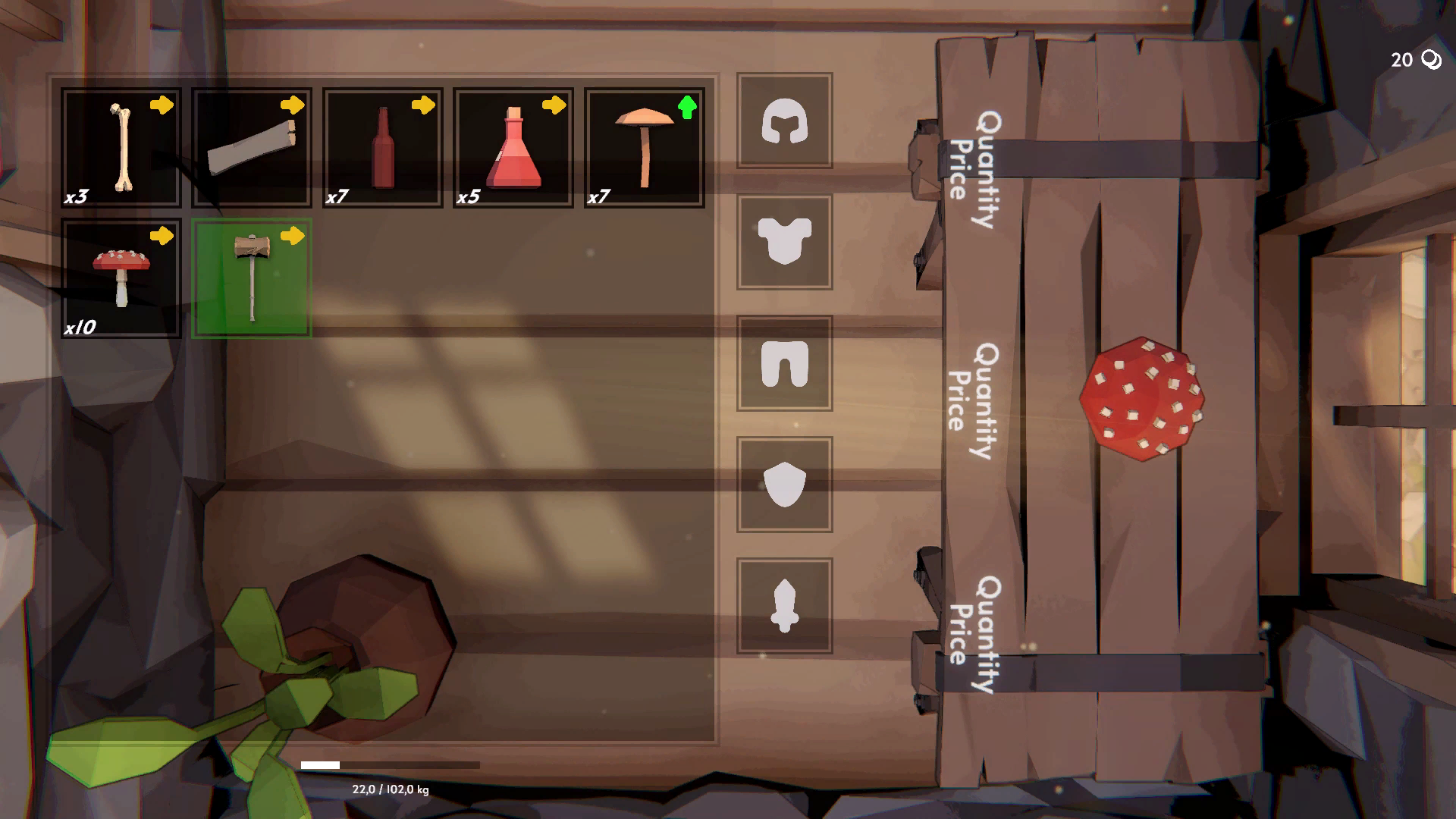 The Fell & Sell selling interface with loot arranged on a shop table