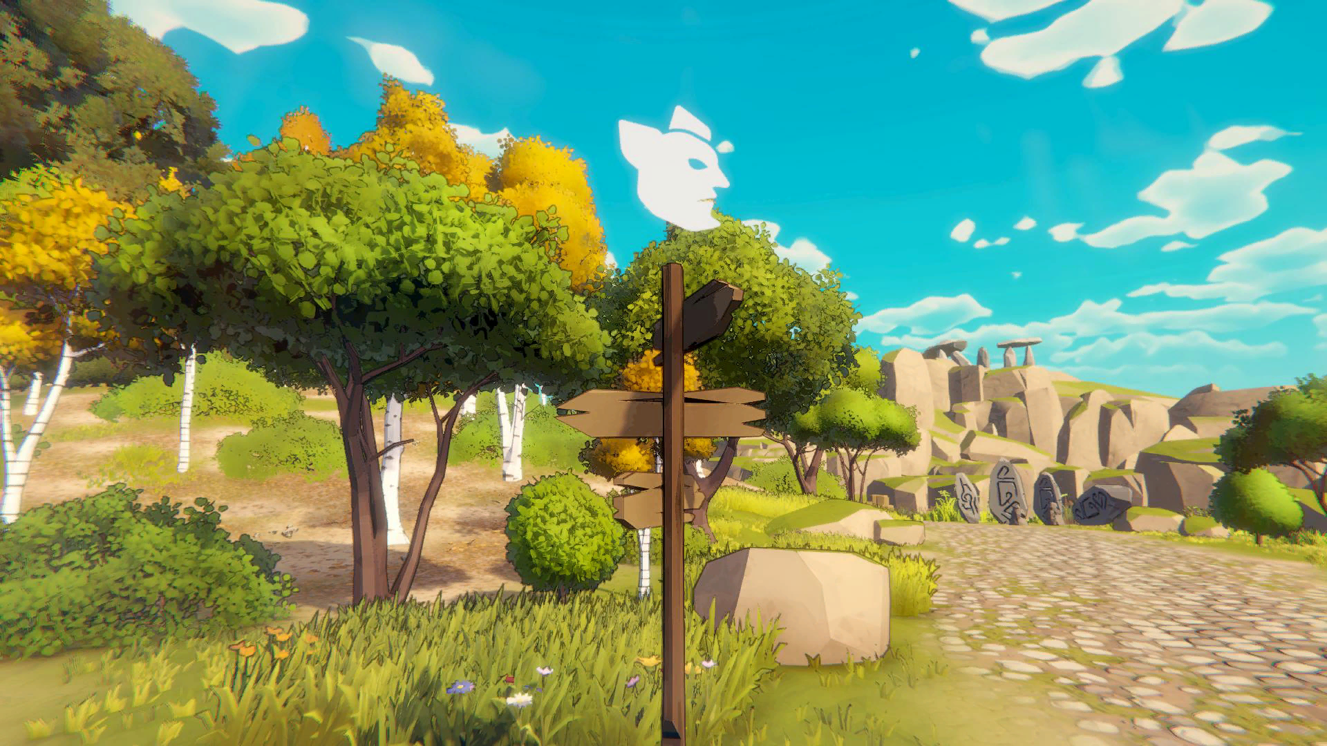 A bright Fell & Sell forest crossroads with a wooden event signpost