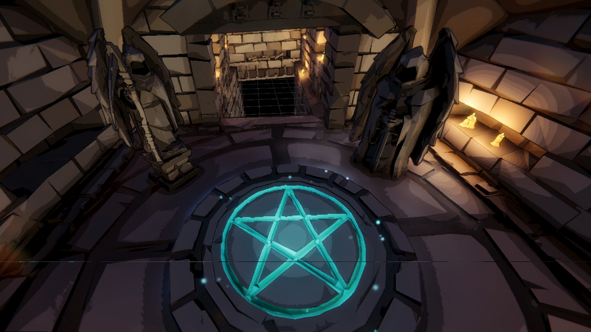 A Fell & Sell shrine room with paired statues and a glowing floor sigil